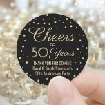 ANY Anniversary Cheers Elegant Black and Gold Classic Round Sticker<br><div class="desc">Add a personalized finishing touch to wedding anniversary thank you notes or party favours with these black and gold round stickers / envelope seals. All text is simple to customize or delete. This template is set up for a 50th anniversary, but can easily be changed to another year or event,...</div>