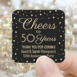 ANY Anniversary Cheers Elegant Black and Gold Square Sticker<br><div class="desc">Add a personalized finishing touch to wedding anniversary thank you notes or party favours with these black and gold square stickers / envelope seals. All text is simple to customize or delete. This template is set up for a 50th anniversary, but can easily be changed to another year or event,...</div>