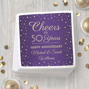 ANY Anniversary Cheers Purple and Gold Confetti Napkin