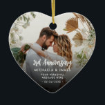 Any Anniversary Couple's Names, Message & 2 Photos Ceramic Ornament<br><div class="desc">This personalized heart-shaped metal anniversary Christmas ornament,  featuring 2 photos of the couple,  is the perfect addition to your Christmas tree or a great gift for family. Personalize the ornament with the number of years being celebrated,  the couple's names,  a personal message,  and the date.</div>