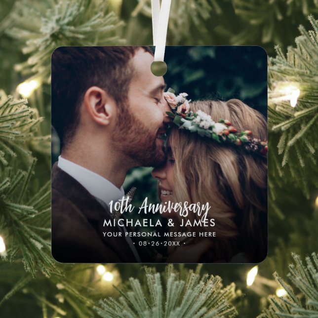 Any Anniversary Couple's Names, Message & 2 Photos Metal Ornament (Insitu)