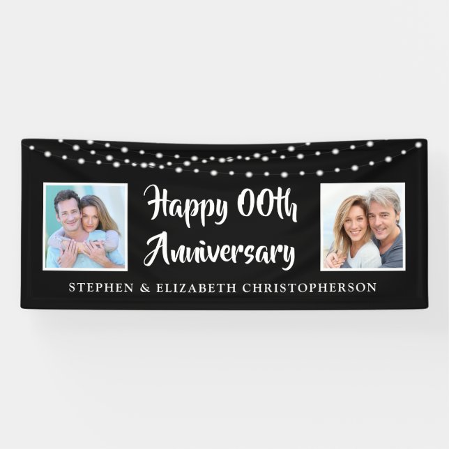 Any Anniversary Then & Now Photos Lights Black Banner (Horizontal)