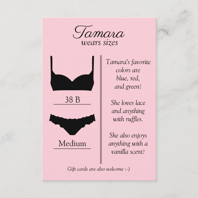 ANY BACKGROUND COLOR: Lingerie Size Insert Card (Front)