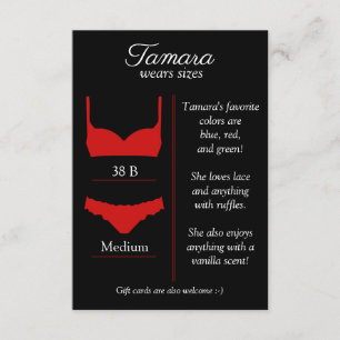 ANY BACKGROUND COLOR: Lingerie Size Insert Card