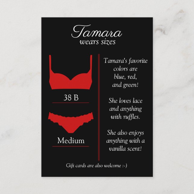 ANY BACKGROUND COLOR: Lingerie Size Insert Card (Front)