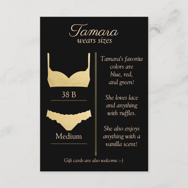 ANY BACKGROUND COLOR: Lingerie Size Insert Card (Front)