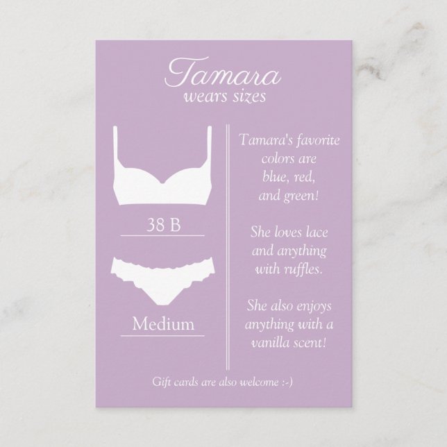 ANY BACKGROUND COLOR: Lingerie Size Insert Card (Front)
