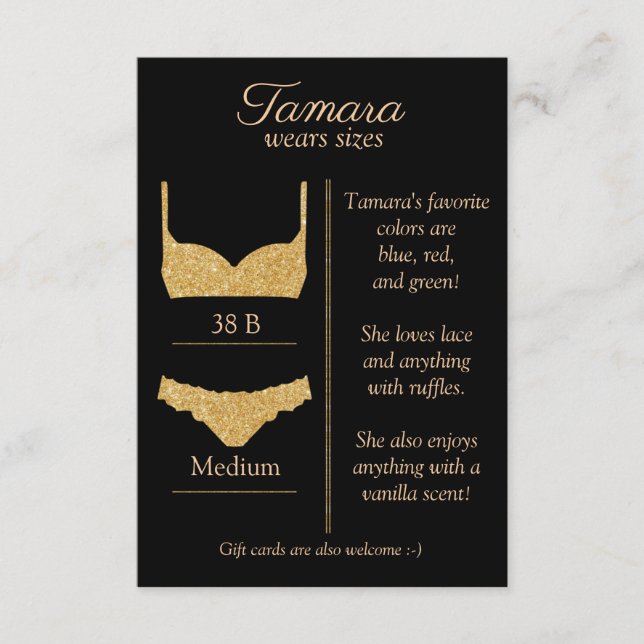 ANY BACKGROUND COLOR: Lingerie Size Insert Card (Front)