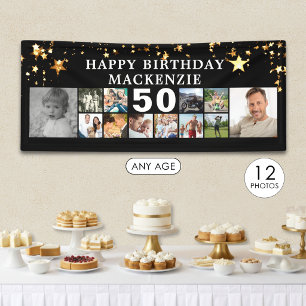 Any Birthday 12 Photo Collage Gold Stars Black Banner