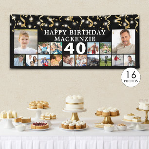 Any Birthday 16 Photo Black Gold Confetti Lights Banner