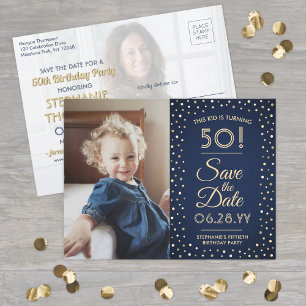ANY Birthday 2 Photo Navy Blue Gold Save the Date Invitation Postcard