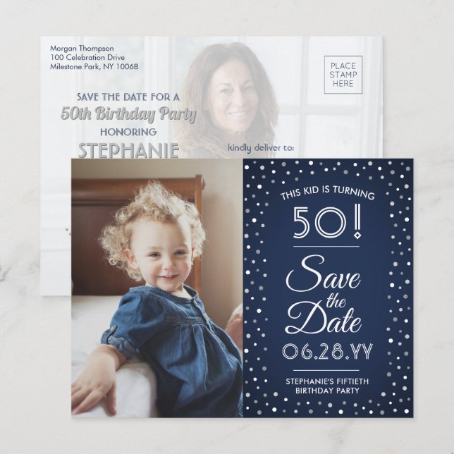 ANY Birthday 2 Photo Navy Blue White Save the Date Invitation Postcard (Front/Back)