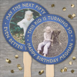 ANY Birthday 2 Photos Brushed Blue and Gold Round Hand Fan<br><div class="desc">Add a cool personalized touch to birthday party decorations with stylish custom photo blue and gold hand fans. Pictures and all wording on this template are simple to customize for any occasion or to include a favourite quote or funny saying. (IMAGE PLACEMENT TIP: An easy way to centre a photo...</div>