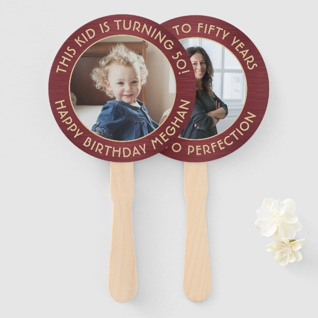ANY Birthday 2 Photos Brushed Burgundy and Gold Hand Fan (Front and Back)