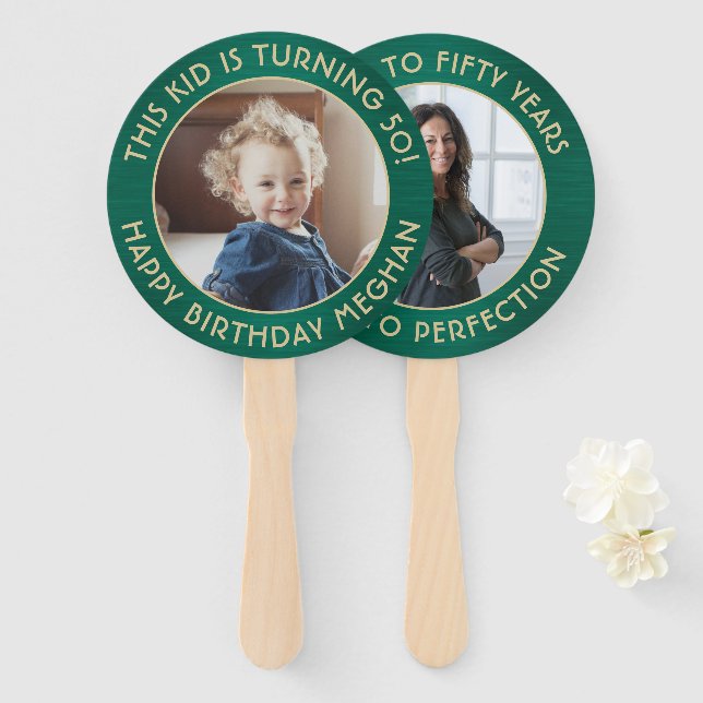 ANY Birthday 2 Photos Brushed Green and Gold Round Hand Fan (Front and Back)