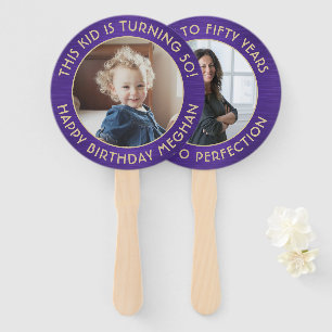 ANY Birthday 2 Photos Brushed Purple & Gold Round Hand Fan