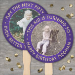 ANY Birthday 2 Photos Brushed Purple & Gold Round Hand Fan<br><div class="desc">Add a cool personalized touch to birthday party decorations with stylish custom photo purple and gold hand fans. Pictures and all wording on this template are simple to customize for any occasion or to include a favourite quote or funny saying. (IMAGE PLACEMENT TIP: An easy way to centre a photo...</div>