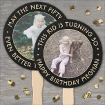 ANY Birthday 2 Photos Elegant Black and Gold Round Hand Fan<br><div class="desc">Add a cool personalized touch to birthday party decorations with stylish custom photo black and gold hand fans. Pictures and all wording on this template are simple to customize for any occasion or to include a favourite quote or funny saying. (IMAGE PLACEMENT TIP: An easy way to centre a photo...</div>
