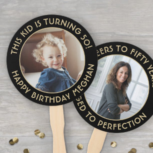 ANY Birthday 2 Photos Elegant Black and Gold Round Hand Fan