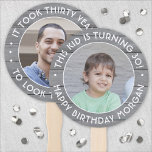 ANY Birthday 2 Photos Simple Grey Faux Wood Round Hand Fan<br><div class="desc">Add a cool personalized touch to birthday party decorations with stylish custom photo grey faux wood hand fans. Pictures and all wording on this template are simple to customize for any occasion or to include a favourite quote or funny saying. (IMAGE PLACEMENT TIP: An easy way to centre a photo...</div>