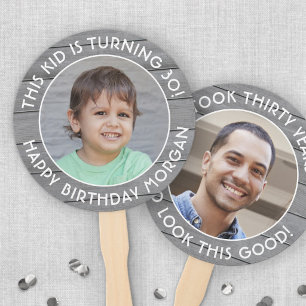 ANY Birthday 2 Photos Simple Grey Faux Wood Round Hand Fan