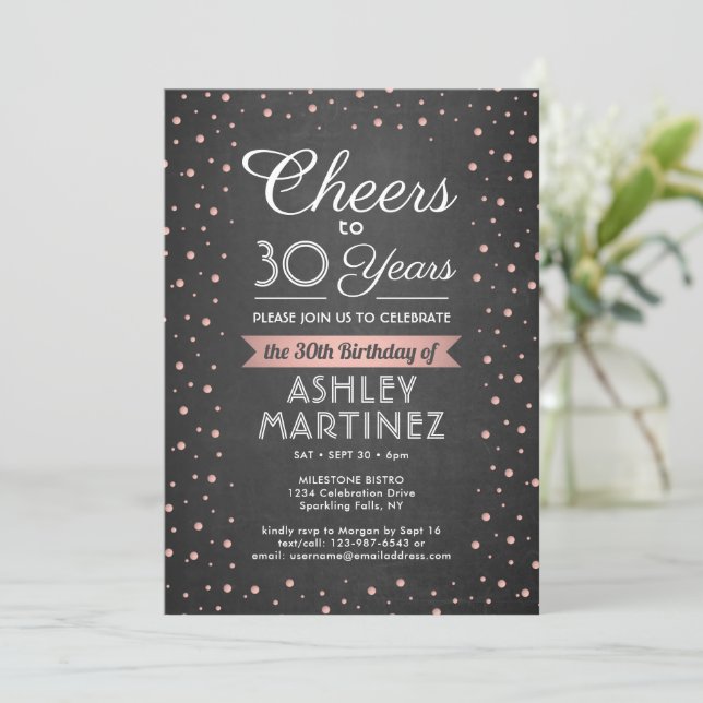 ANY Birthday Cheers Black Chalkboard Pink Confetti Invitation (Standing Front)