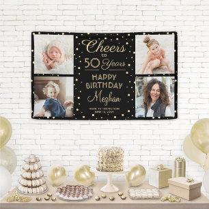 ANY Birthday Cheers Black Gold Confetti  Four Phot Banner