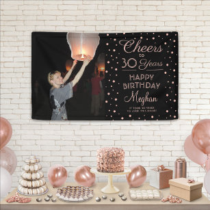 ANY Birthday Cheers Black & Pink Confetti 1 Photo Banner