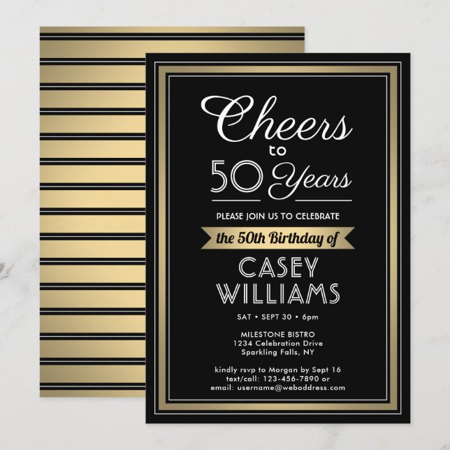 ANY Birthday Cheers Black, White and Gold Party Invitation (Front/Back)