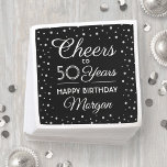 ANY Birthday Cheers Black, White & Silver Glitter Napkin<br><div class="desc">Add an elegant personalized touch to birthday party decorations with these custom black and white paper napkins. Design features modern script calligraphy customizable "Cheers to 50 Years" and silver faux glitter confetti dots on a black background. This template is set up for a 50th birthday celebration, but is simple to...</div>