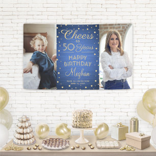 ANY Birthday Cheers Brushed Blue and Gold 2 Photo Banner