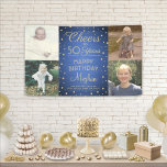 ANY Birthday Cheers Brushed Blue and Gold 4 Photo Banner<br><div class="desc">Celebrate a happy milestone birthday with a custom 4 photo blue and gold party banner. (IMAGE PLACEMENT TIP: An easy way to centre a photo exactly how you want is to crop it before uploading to the Zazzle website.) Design features four images of your choice, modern script calligraphy editable "Cheers...</div>