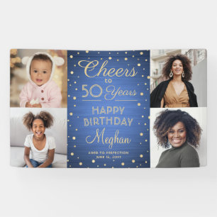 ANY Birthday Cheers Brushed Blue and Gold 4 Photo Banner