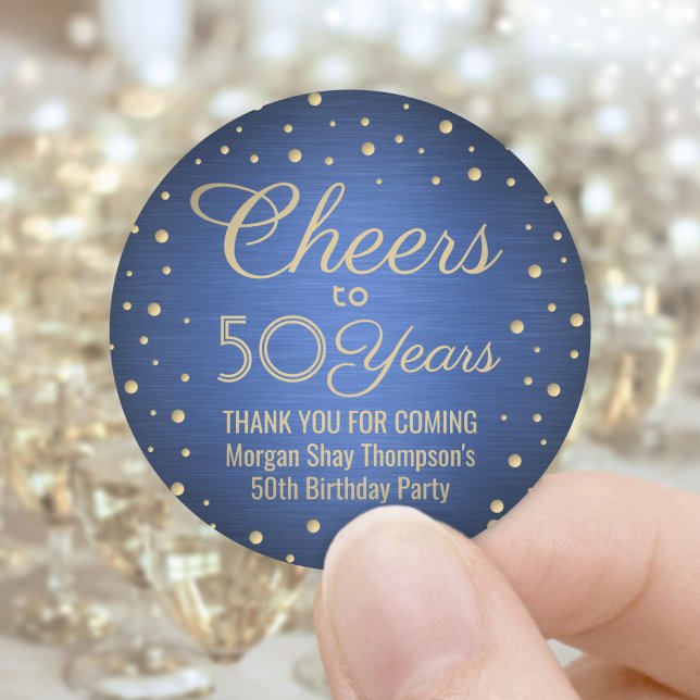 ANY Birthday Cheers Brushed Blue and Gold Confetti Classic Round Sticker (Creator Uploaded)