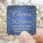 ANY Birthday Cheers Brushed Blue and Gold Confetti Square Sticker<br><div class="desc">Add a personalized finishing touch to birthday party thank you notes or favours with these blue and gold square stickers / envelope seals. This template is set up for a 50th birthday, but is simple to customize to another year or event, such as an anniversary. Design features foil look confetti...</div>