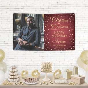 ANY Birthday Cheers Brushed Burgundy Gold 1 Photo Banner