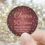 ANY Birthday Cheers Brushed Burgundy Gold Confetti Classic Round Sticker<br><div class="desc">Add a personalized finishing touch to birthday party thank you notes or favours with these burgundy and gold round stickers / envelope seals. This template is set up for a 50th birthday, but is simple to customize to another year or event, such as an anniversary. Design features foil look confetti...</div>