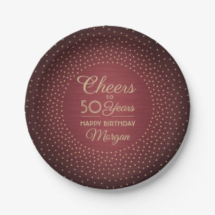 ANY Birthday Cheers Brushed Burgundy Gold Confetti Paper Plate