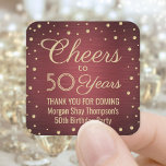 ANY Birthday Cheers Brushed Burgundy Gold Confetti Square Sticker<br><div class="desc">Add a personalized finishing touch to birthday party thank you notes or favors with these burgundy and gold square stickers / envelope seals. This template is set up for a 50th birthday, but is simple to customize to another year or event, such as an anniversary. Design features foil look confetti...</div>