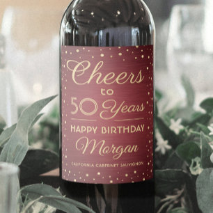 ANY Birthday Cheers Brushed Burgundy Gold Confetti Wine Label