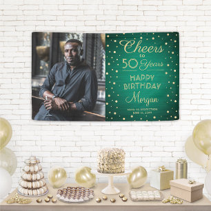 ANY Birthday Cheers Brushed Green and Gold 1 Photo Banner
