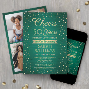 ANY Birthday Cheers Brushed Green & Gold 4 Photo Invitation