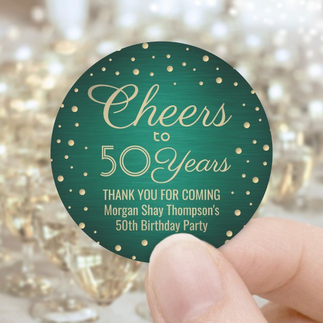 ANY Birthday Cheers Brushed Green & Gold Confetti Classic Round Sticker (Creator Uploaded)