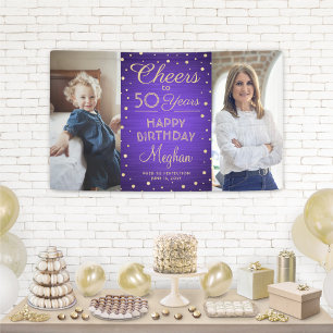 ANY Birthday Cheers Brushed Purple & Gold 2 Photo Banner