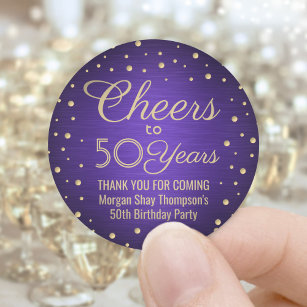 ANY Birthday Cheers Brushed Purple & Gold Confetti Classic Round Sticker