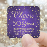 ANY Birthday Cheers Brushed Purple & Gold Confetti Square Sticker<br><div class="desc">Add a personalized finishing touch to birthday party thank you notes or favors with these purple and gold square stickers / envelope seals. This template is set up for a 50th birthday, but is simple to customize to another year or event, such as an anniversary. Design features foil look confetti...</div>
