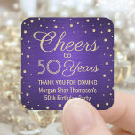 ANY Birthday Cheers Brushed Purple & Gold Confetti Square Sticker<br><div class="desc">Add a personalized finishing touch to birthday party thank you notes or favors with these purple and gold square stickers / envelope seals. This template is set up for a 50th birthday, but is simple to customize to another year or event, such as an anniversary. Design features foil look confetti...</div>