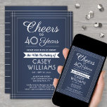 ANY Birthday Cheers Classic Border Navy Blue White Invitation<br><div class="desc">Invite family and friends to an elegant birthday celebration with custom navy blue and white party invitations. All wording on this template (including "Cheers to 40 Years") is set up for a 40th birthday, but is simple to personalize for any year or event type. The design features a modern striped...</div>