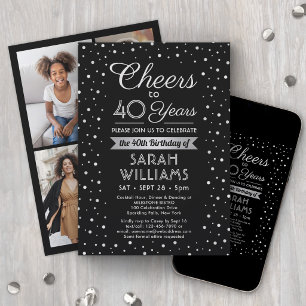 ANY Birthday Cheers Confetti Black & White 4 Photo Invitation