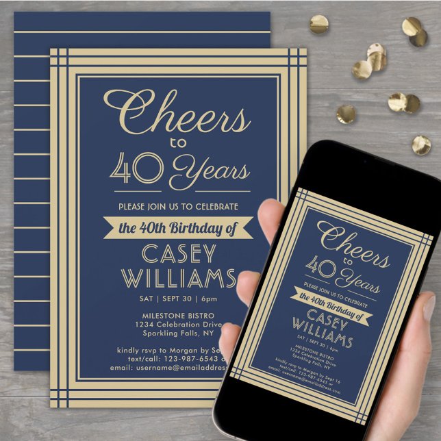 ANY Birthday Cheers Downloadable Navy Blue & Gold Invitation (Creator Uploaded)